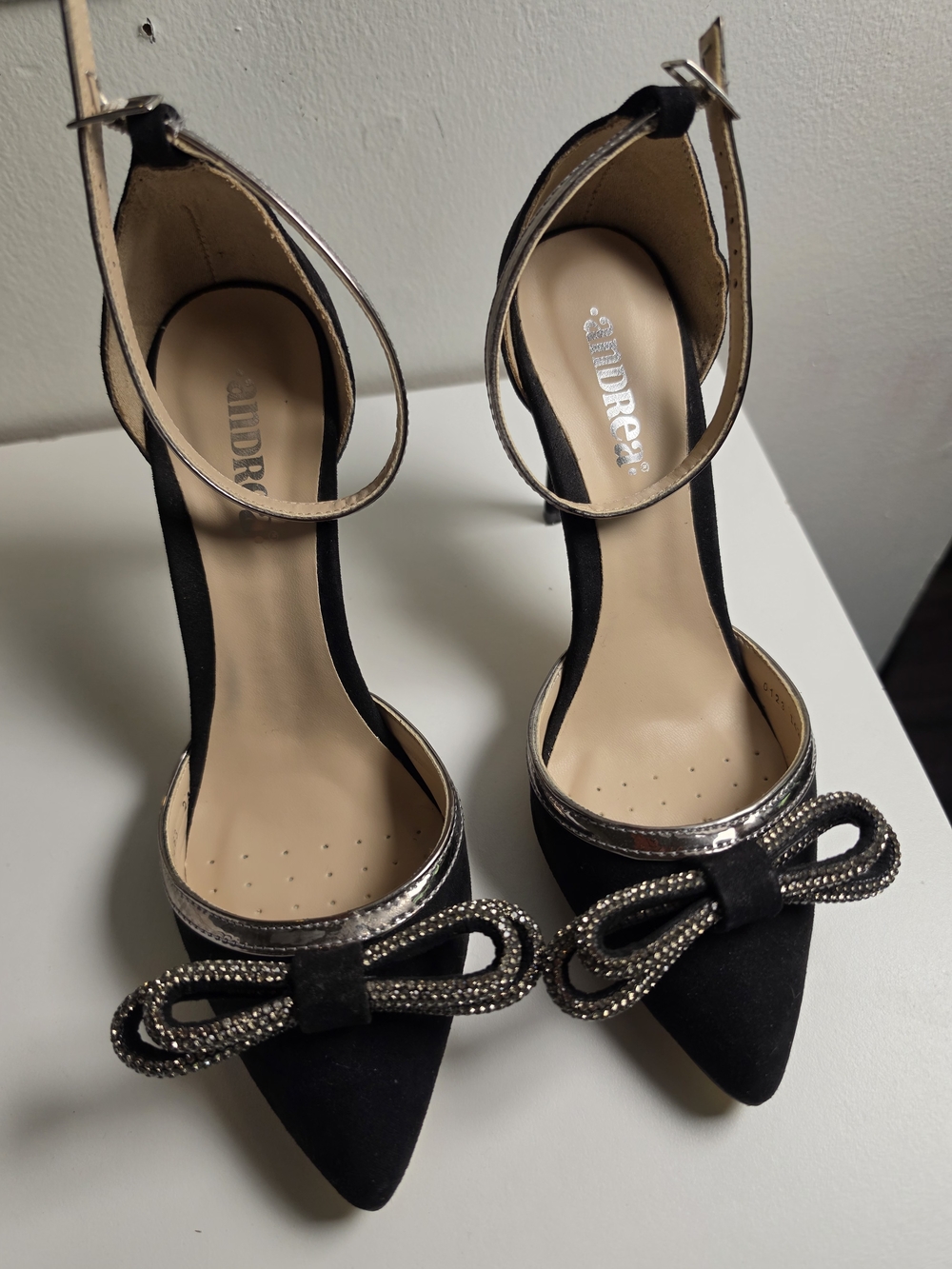 ANDREA FENZI Black Pointed Bow Ankle-Strap Heels with Metallic Trim